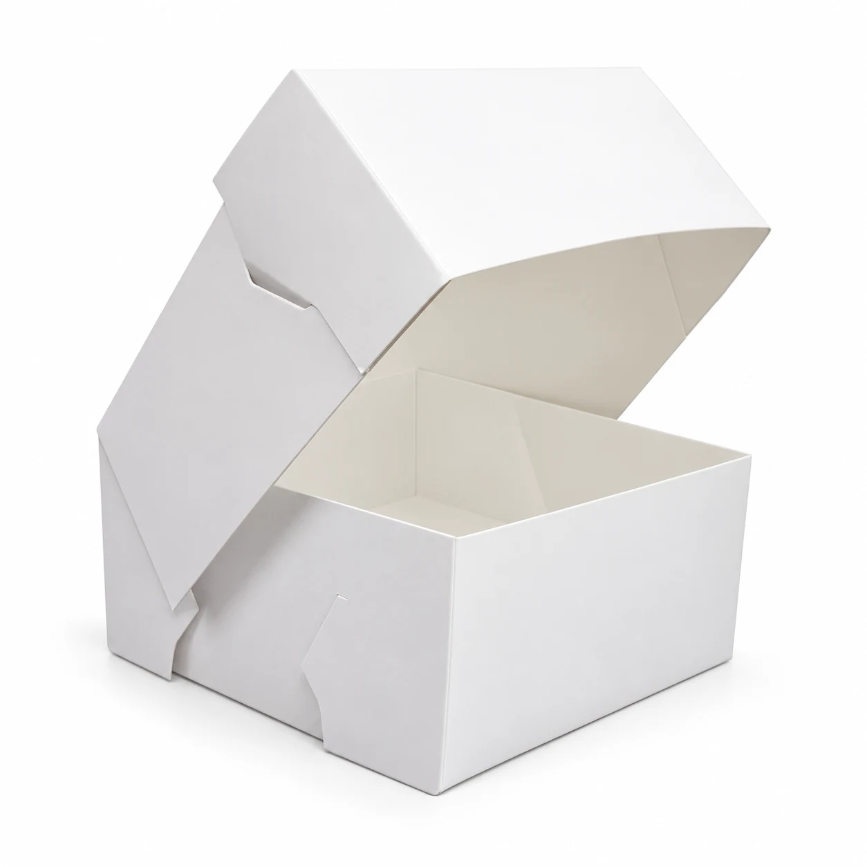 White cardboard cake box with open lid for bakery packaging