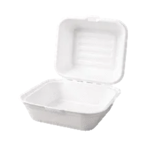 Open sugarcane burger clamshell box on a white background