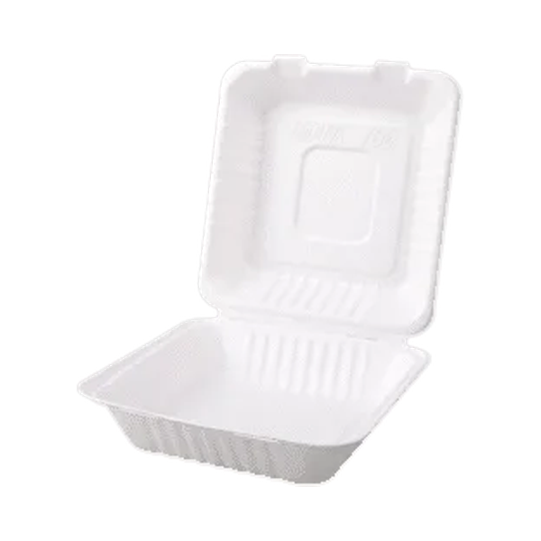 Open single-compartment sugarcane clamshell box on a white background
