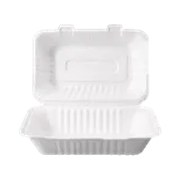 Open rectangular sugarcane snack clamshell box on a white background