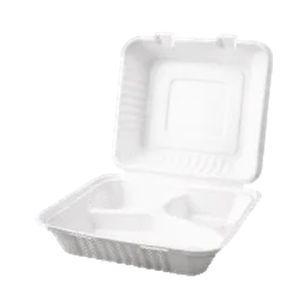 Open three-compartment sugarcane clamshell box on a white background