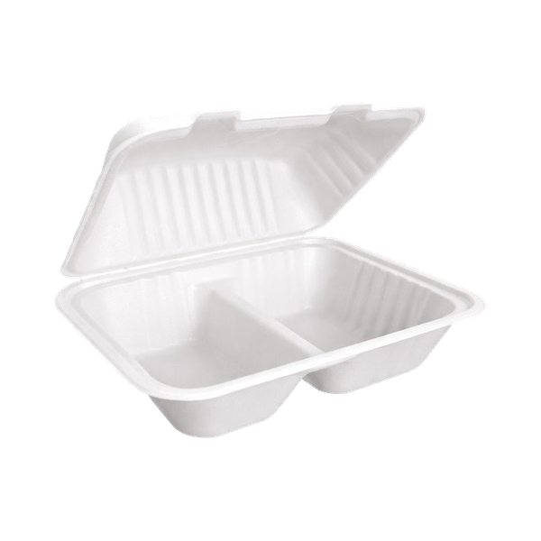 Open two-compartment sugarcane snack box on a white background